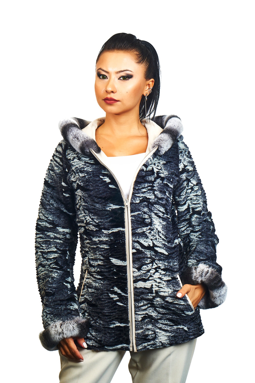 Lydia Reversible Lambskin Rex Rabbit Blend Fur Coat
